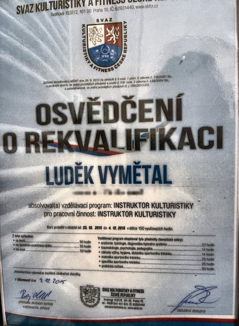 Osvědčení o rekvalifikaci – Instruktor kulturistiky