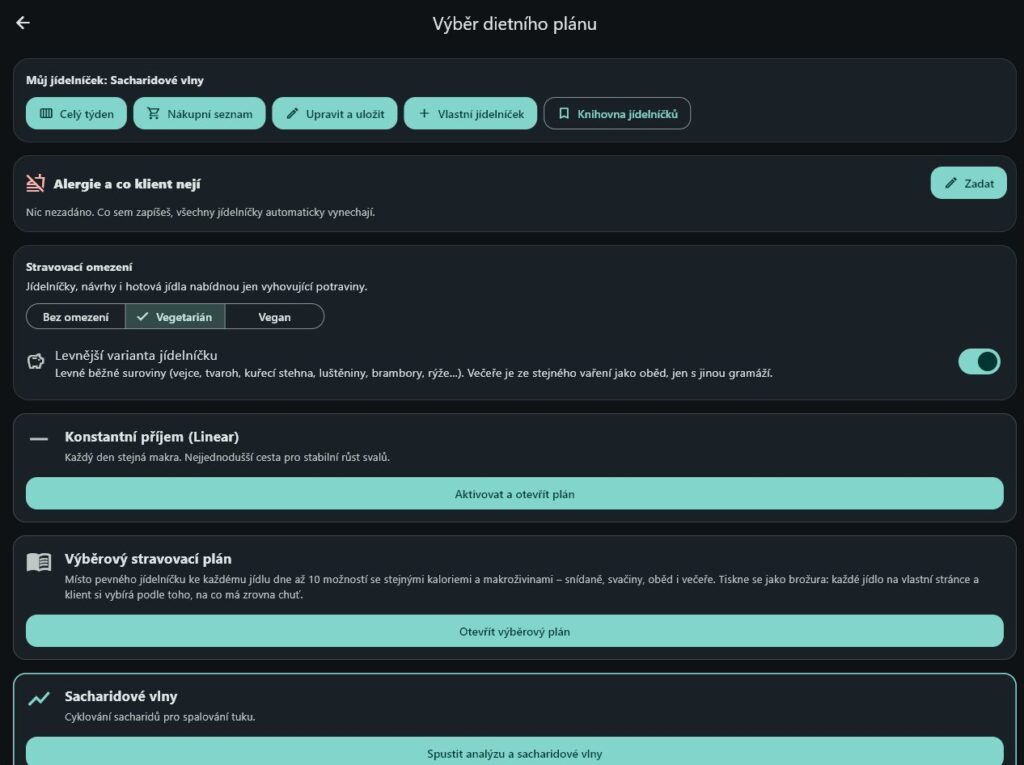 Aplikace SPAL – výběr jídelníčku